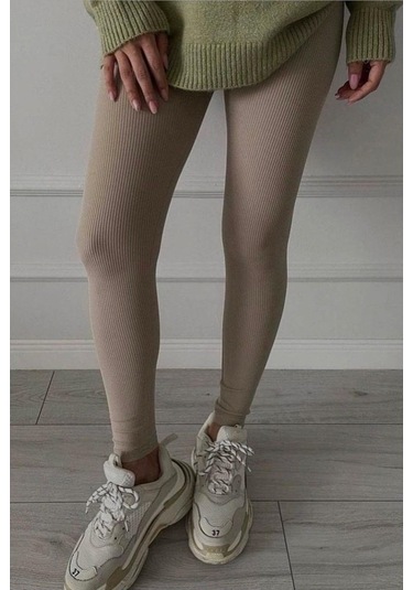 Madmext Bej Yüksek Bel Kadın Fitilli Tayt Mg1625 Bej