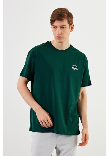 Leo Erkek Oversize Tshirt %100 Pamuk Bisiklet Yaka Baskı Detaylı Basic Tişört Mtlce77 Yeşil
