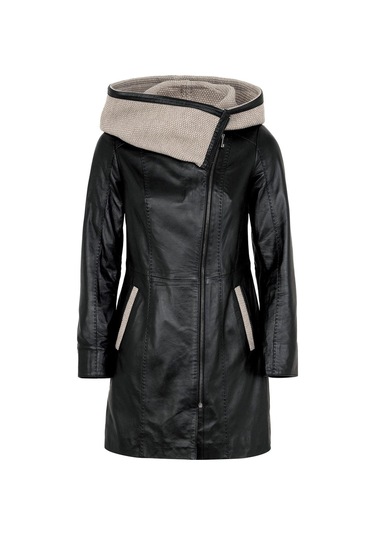Siyah Julia Triko Kapüonlu Kemerli Hakiki Kadın Deri Kaban-siyah Siyah