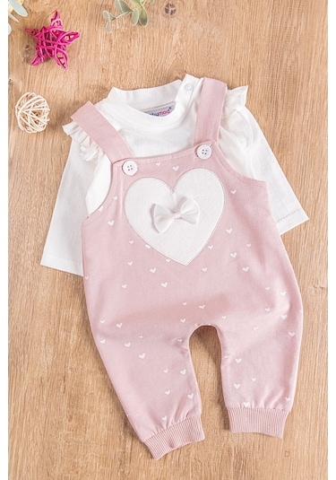 Kalp Desenli Fiyonklu Kız Bebek Tulum Salopet Takım Kırmızı