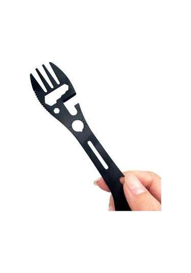 Siyah Paslanmaz Çelik Kamp Çatal Kaşık Çok Fonksiyonlu Kaşık 10 In 1 Entegre Çatal Kaşık Açık Çatal Kaşık Piknik Kesme Bıçağı Şişe Konserve Açacağı Siyah