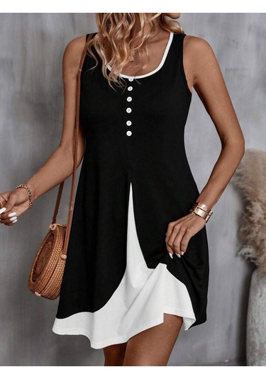 Kadın Askılı Yuvarlak Yaka Önden Düğmeli Çift Renkli Viskon Elbise Siyah