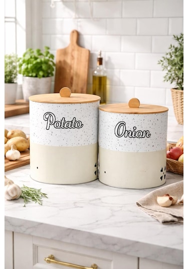 Bambu Kapaklı Metal Patates Soğanlık Krem Taş Desenli Decorev Dc 7099 Krem
