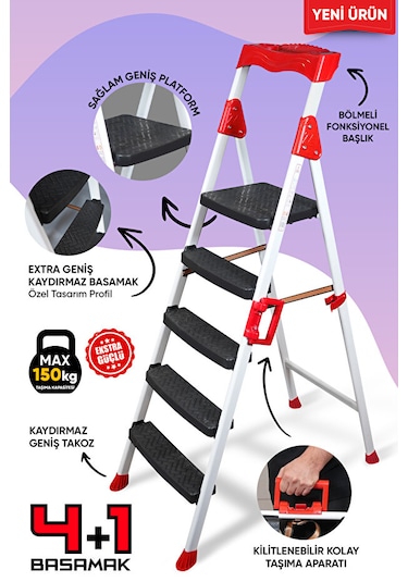 Elegance 4+1 Geniş Basamaklı Kolay Taşıma Aparatlı Merdiven Kaliteli Paslanmaz 4+1 Basamaklı