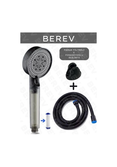 Berev Filtreli 5 Fonksiyonlu Siyah Yüksek Basınçlı Ayarlanabilir Duş Başlığı 150 Cm Siyah Hortum Mafsallı Set Siyah
