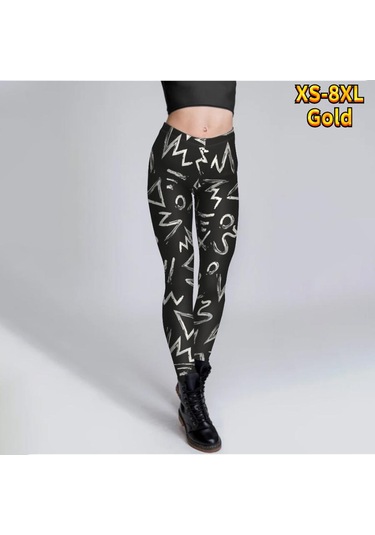 Altın Bayan Siyah Eğri Baskılar Streç Yoga Tayt Spor Koşu Spor Salonu Spor Aktif Pantolon Altın