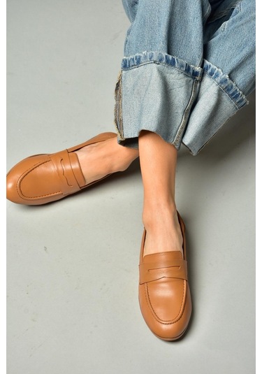 Fox Shoes S944007803 Taba Hakiki Deri Kadın Babet Taba