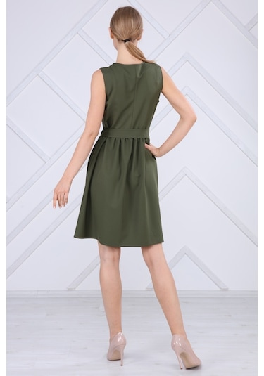 Kadın Bağlama Detaylı V Yaka Düğmeli Kolsuz Elbise 4320/95 001