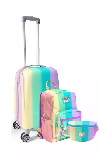 Renkli Çizgili Desenli Kabin Boy Valiz, Sırt Çantası Ve Bel Çanta Çok Renkli