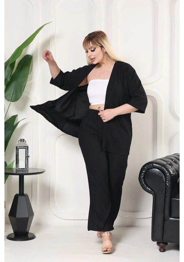 Bürümcük Kumaş Kimono Hırka Alt-üst Takım M-6xl Siyah