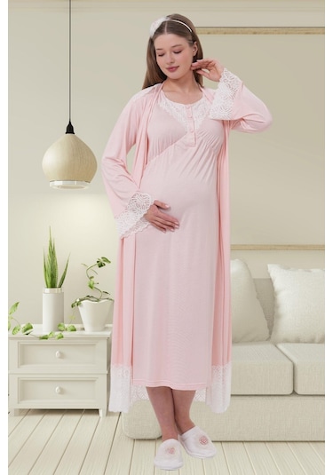 Mecit 6204 Pembe Hamile Lohusa Dantelli Sabahlık Gecelik Takım