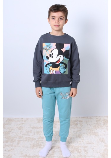 Erkek Çocuk Eşofman Takımı Mickey Mouse Baskılı Ribanalı F4 Turkuaz