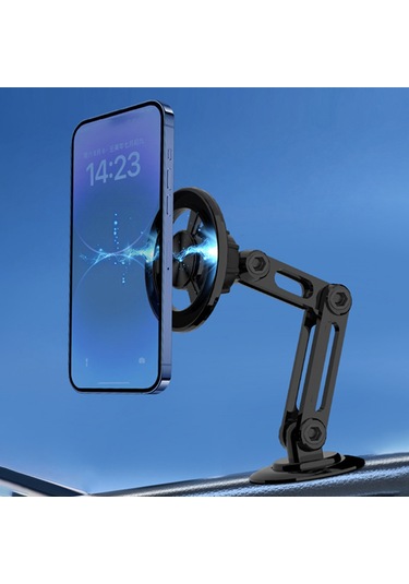 Yifomall Alüminyum Magsafe Araç Telefon Tutucu - 360 Döner, Katlanabilir Geliştirilebilir Kollü, Güçlü Manyetik - Siyah 2 Manyetik Bobin + 2 Yedek Yapistirici