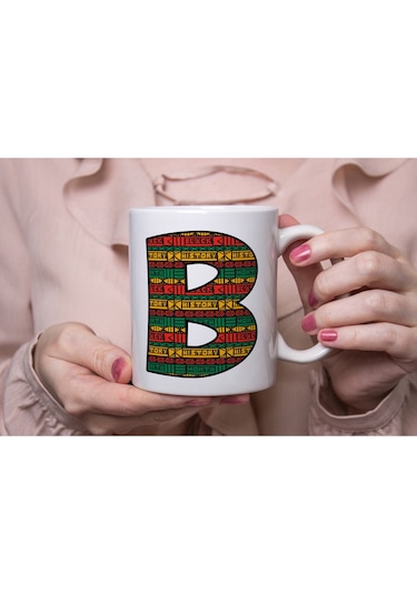 B Harfi Etnik Desenli Kupa - Afrika Tarzı Kahve Çay Kupası - Hediyelik - Black History Beyaz