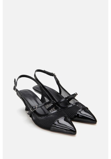Kadın Rugan Siyah Fileli Stiletto Siyah