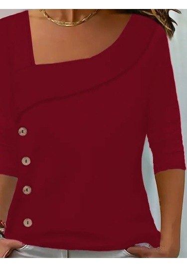 Kadın Uzun Kollu Geometrik Yaka Detay Yandan Düğmeli Viskon Iki Iplik Bluz Bordo
