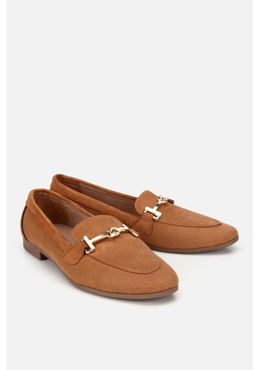 Yaya Kadın Taba Süet Gold Tokalı Loafer