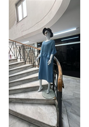 İtalyan Saçak Detaylı Müslin Keteni Yırtmaçlı Elbise - Bluz & 2'li Takım-9905 Koyu İndigo