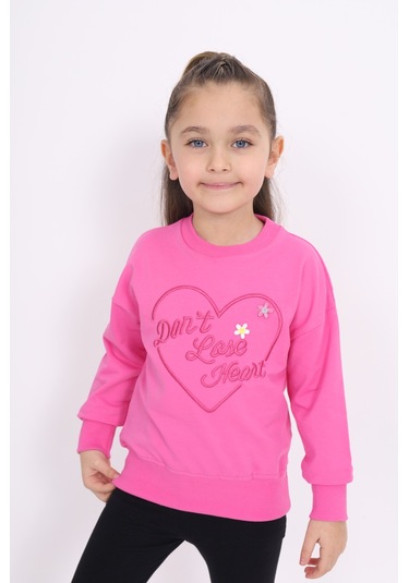 Kız Çocuk Relax Fit Bisiklet Yaka Hafif Düşük Omuz Nakış Baskılı Sweatshirt - 2 İplik Fuşya