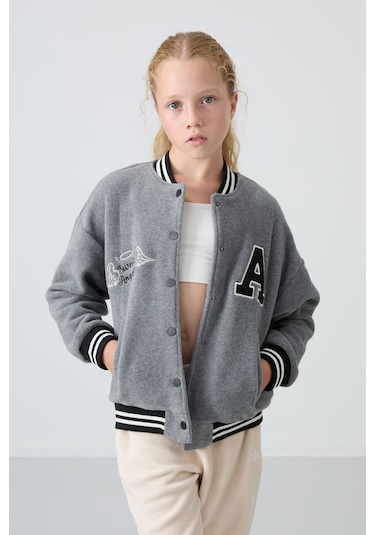 Tommy Life Gri Melanj Kalın Yumuşak Dokulu Standart Fit Nakışlı Polar Kız Çocuk Kolej Ceket - 75156 Gri Melanj