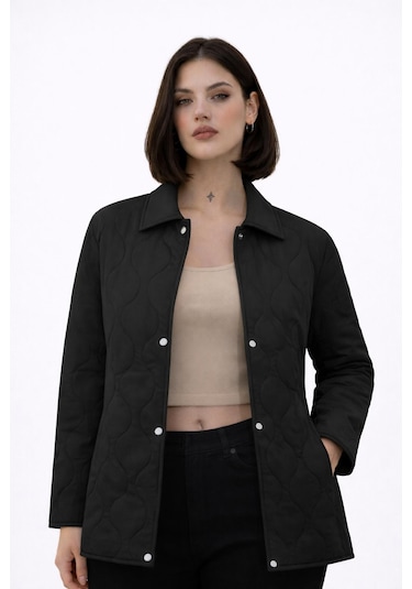 Kadın Desenli Çıtçıtlı Çift Cepli Oversize Kapitone Ceket-391 Siyah