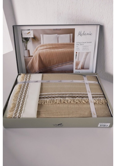 Tivoli Çift Kişilik Dantelli 4 Parça Pike Takımı Çeyizlik-melanie-kapuçino Kapucıno Cappuccino