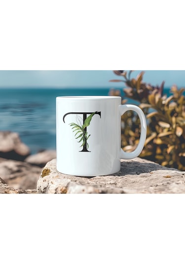 T Harf Zarif Yaprak Desenli Kupa Bardak - Naturel Sade Alfabe Harfli Bardak - Kişiye Özel Hediye Beyaz