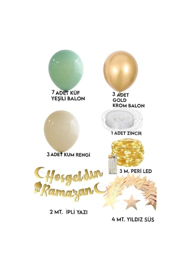 Hoşgeldin Ramazan 11 Ayın Sultanı Gold Yazılı Ledli Zincir Balon Seti
