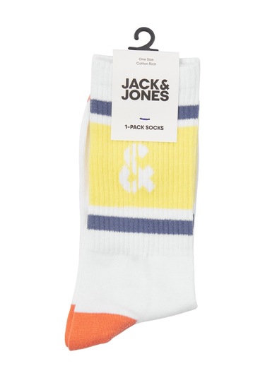 Jack & Jones Çizgili ve Logolu Tekli Çorap - Retro 12250746 Beyaz - Sarı Beyaz