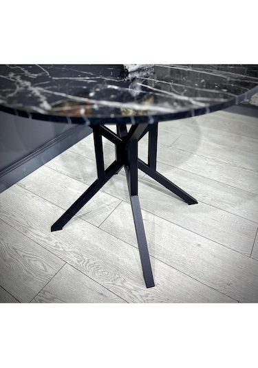 Sedef Kemençe Yuvarlak Mutfak Masası Yemek Masası Balkon Masası Metal Siyah Ayak 100 Cm