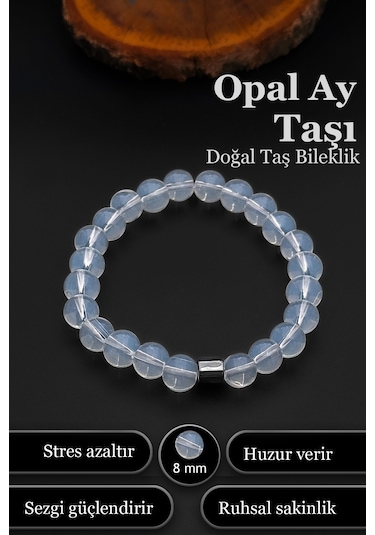 Opal Ay Taşı Bileklik Erkek Kadın Doğal Taş Bileklik 8 Mm Bt036 Beyaz