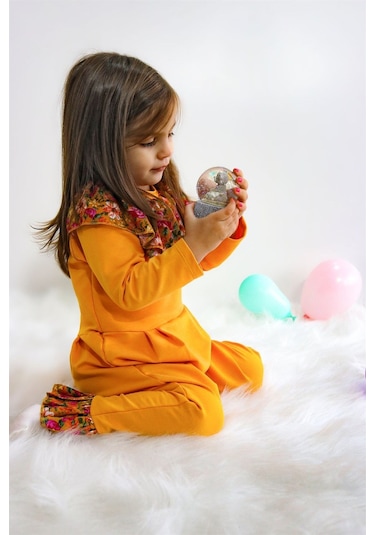 Kız Bebek Lotus Hardal Çiçekli Uzun Kollu Çıtçıtlı Yakalı Tulum Tlm-0050 Hardal