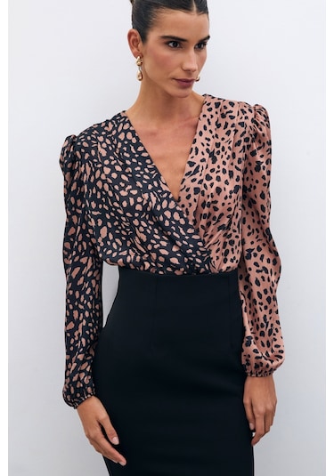 Kruvaze Desenli Bodysuit 135567 Siyah - Camel