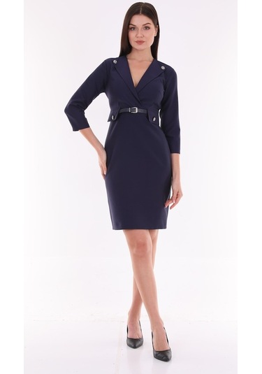 Etselements Kruvaze Yaka Cep Detaylı Kemerli Ofis Elbise Ets1753