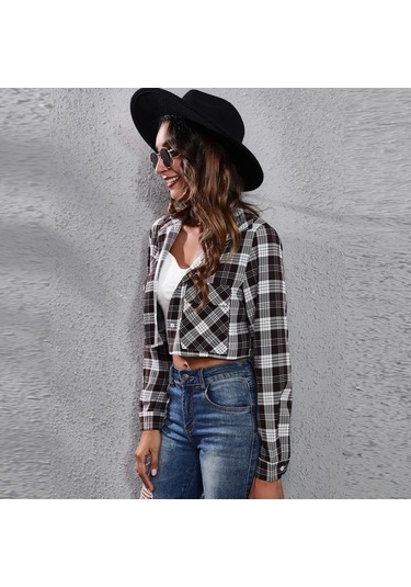 Gmxıa Kadın Modası Günlük Ekose Baskı Uzun Kollu Polo Yaka Bluzlar Ve Gömlekler Siyah
