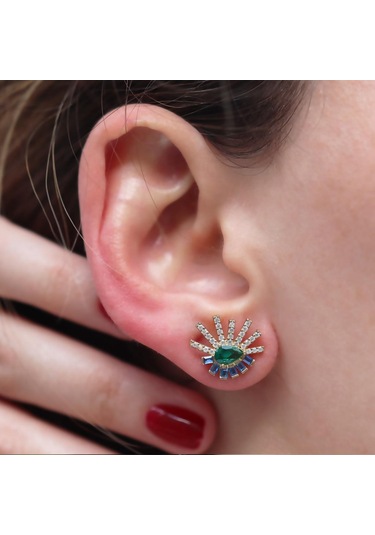 Renkli Taşlı Gold Kaplama Göz Gümüş Küpe Gümüş