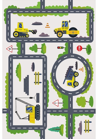 Kaymaz Tabanlı Yıkanabilir Çocuk Halısı İş Makineleri Kepce Çok Renkli