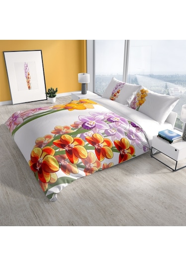 Cattleya Orchid 3D Pamuk Saten Çift Kişilik Nevresim Takımı Çok Renkli
