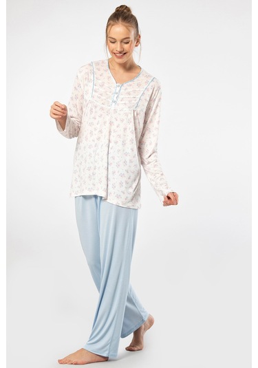 Türen 3366 Kadın Büyük Beden Uzun Kollu Pijama Takım-mavi Mavi