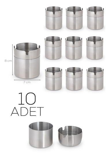 Porsima Etn-236 Large 10 Lu Paslanmaz Çelik Metal Kül Tablası - Kapaklı Rüzgar Geçirmez Küllük