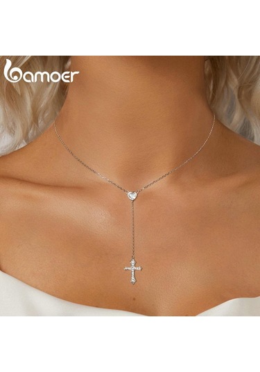Bamoer 925 Ayar Gümüş Narin Kalp Şeklinde Kolye Kolye Y Şeklinde Çapraz Zincir Kolye Kadınlar İçin Parti Zarif Güzel Takı Hediye Gümüş