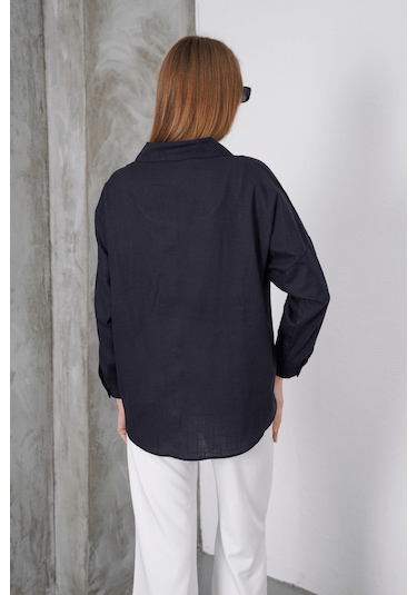 Paw Garage Kadın London Keten Tek Cepli Oversize Gömlek, Premium Kalite Keten Gömlek Siyah