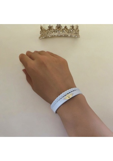 Archin N Harfine Özel Taç Motifli 14 Ayar Altın Plakalı Hakiki Beyaz Derili Hediye Bileklik-645harf N