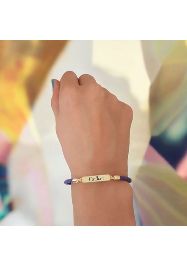 Archin Baba Temalı Mor Derili 14 Ayar Altın Plakalı Dikdörtgen Motifli Hediye Bileklik-412sembol Baba