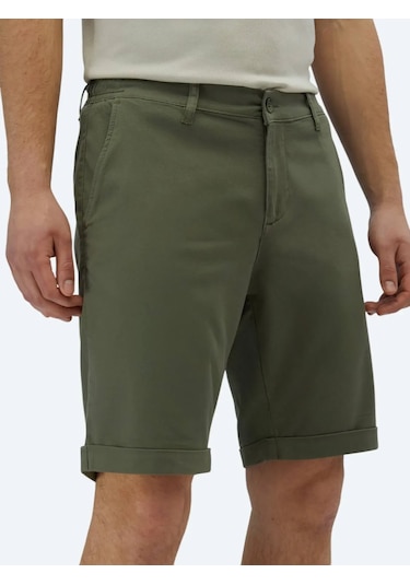 Kip Haki Düz Dokuma Slim Fit Casual Pamuk Karışımlı Bermuda Haki