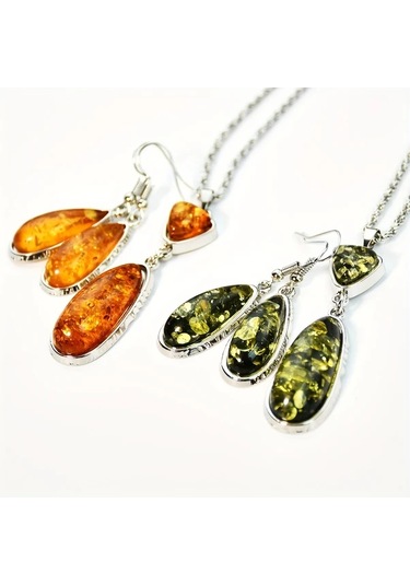 Tongdashop Vintage Kehribar Kolye Ve Küpe Seti Turuncu Doğal Taş Bohem Aksesuar