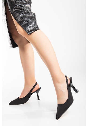 Saten Arka Açık Siyah Kadın Topuklu Ayakkabı-2739 - Siyah