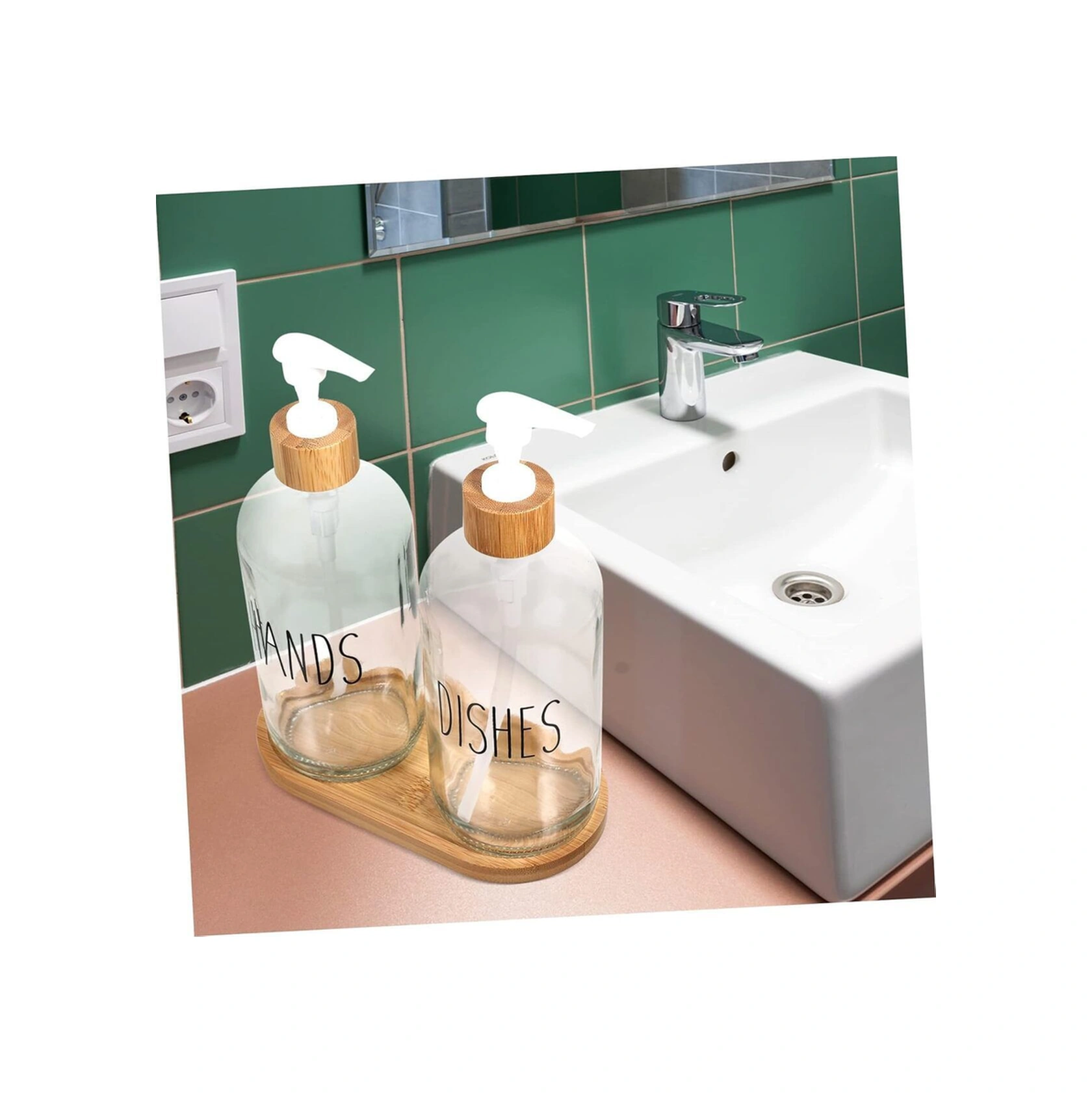 2 Li Mutfak Sıvı Sabunluk Seti Hands&dishes Bambu Tepsili Şeffaf