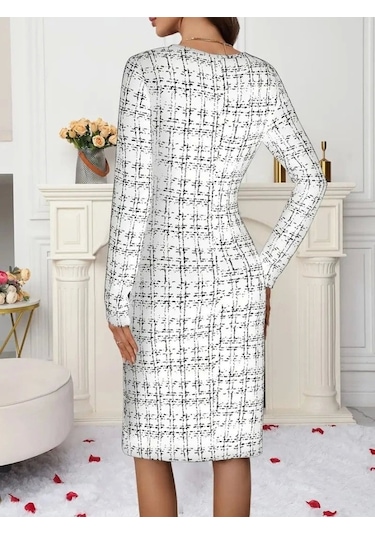 Kadın Uzun Kollu Bisiklet Yaka Desenli Dalgıç Kısa Elbise Beyaz