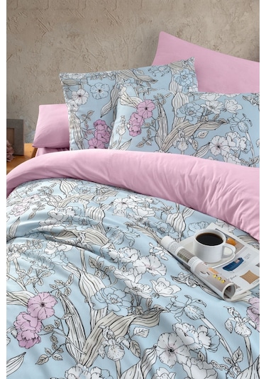 Mystory Home  Lastikli Çarşaflı Çift Kişilik Nevresim Takımı Fiore Mavi Pembe